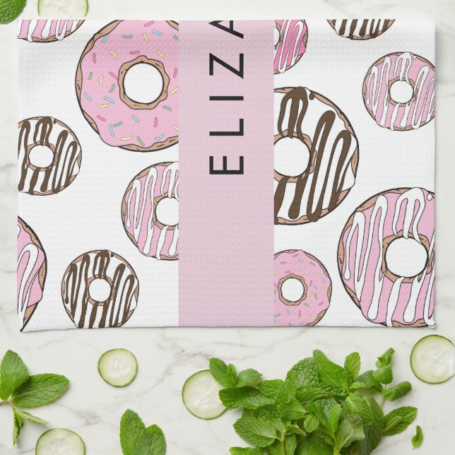 Paño De Cocina Donuts rosados, Donuts blancos, rociadores, tu nom (Doblado)