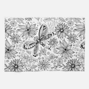Paño De Cocina Doodle de libélula y flores