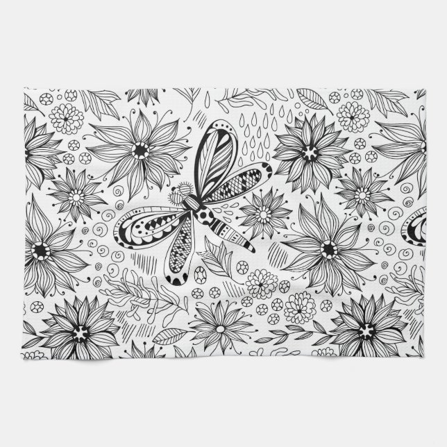 Paño De Cocina Doodle de libélula y flores (Horizontal)