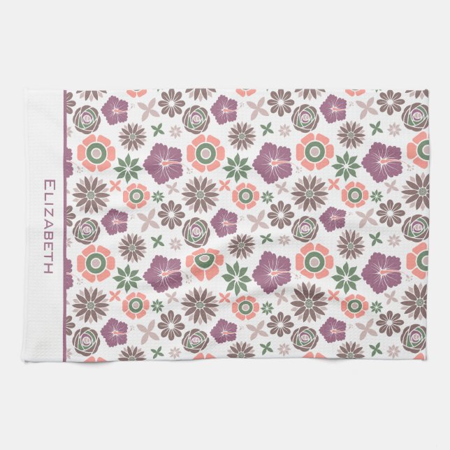 Paño De Cocina Doodle floral sin soldadura patrón nombre personal (Horizontal)