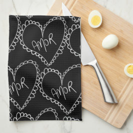 Paño De Cocina Doodles Corazones Negros Día de San Valentín Rojo