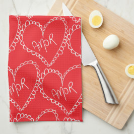 Paño De Cocina Doodles Corazones Negros Día de San Valentín Rojo