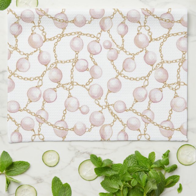 Paño De Cocina Dorado Glam Pink Pearls Bridal Shower (Doblado)