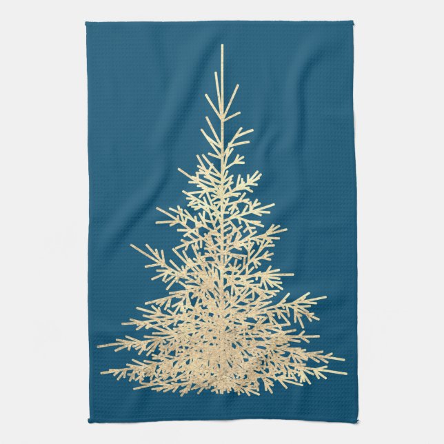 Paño De Cocina Dorado y azul árbol evergreen elegante invierno (Vertical)