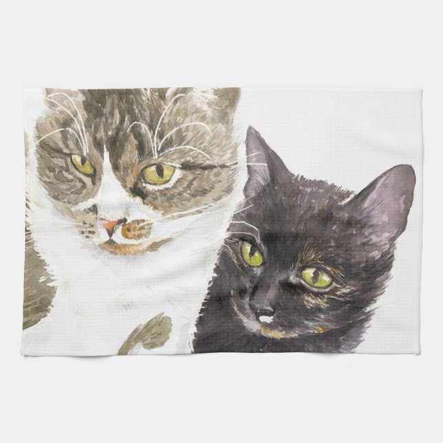Paño De Cocina Dos gatos - tabby y tortie (Horizontal)