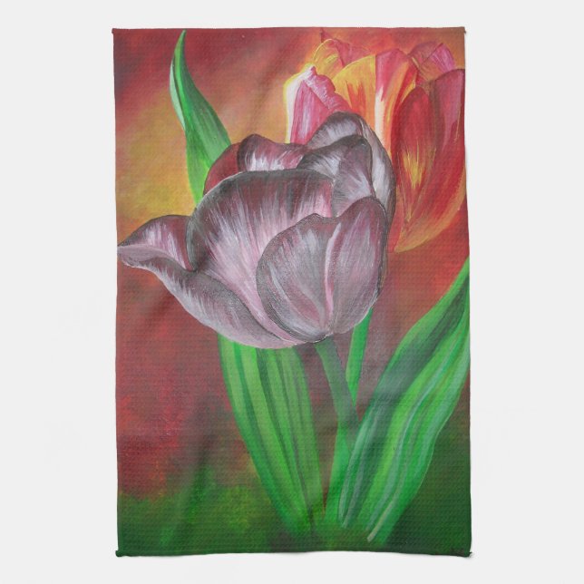 Paño De Cocina Dos tulipanes contra fondo rojo (Vertical)