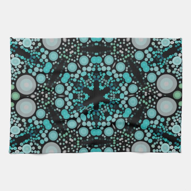 Paño De Cocina Dot Mandala Flor Azul Verde y gris (Horizontal)