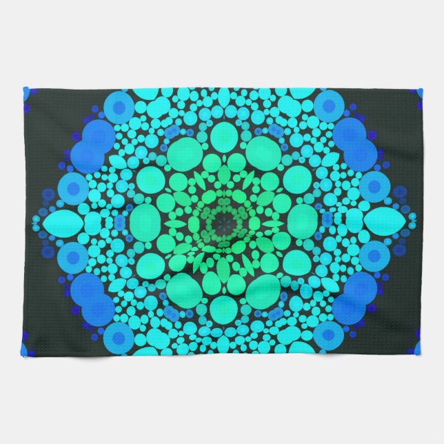 Paño De Cocina Dot Mandala Flor Azul y Verde (Horizontal)