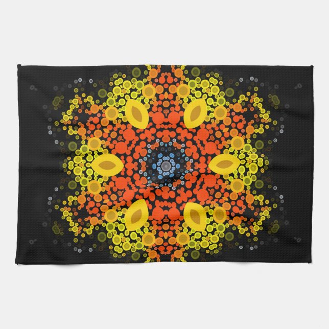 Paño De Cocina Dot Mandala Flor Naranja amarillo y azul (Horizontal)