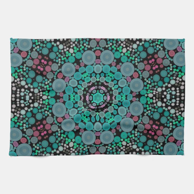 Paño De Cocina Dot Mandala Flor Verde Azul y Rojo (Horizontal)
