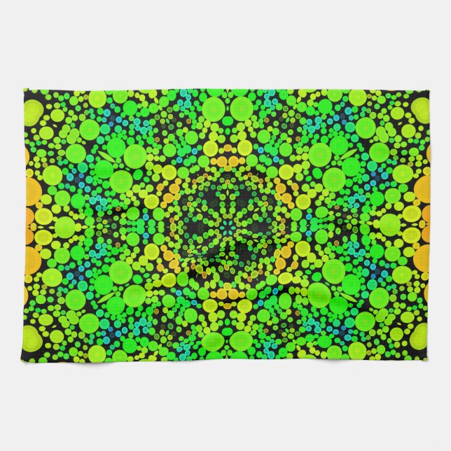 Paño De Cocina Dot Mandala Flor Verde Naranja y Amarillo (Horizontal)