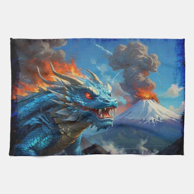 Paño De Cocina Dragón azul chino y volcán (Horizontal)