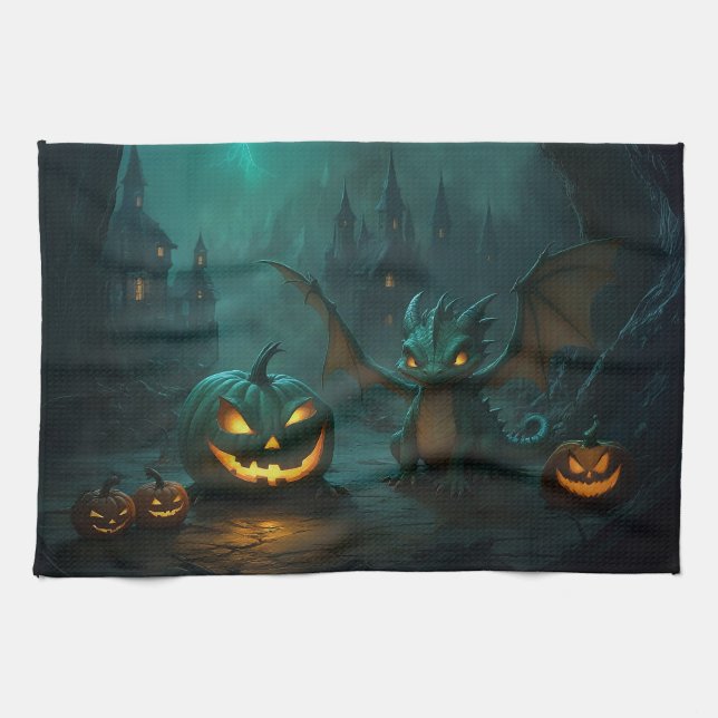 Paño De Cocina Dragón de Halloween con calabazas aterradoras (Horizontal)