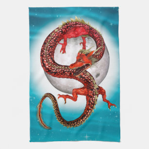 Paño De Cocina Dragón de Luna Roja Arte de Fantasía Celestial