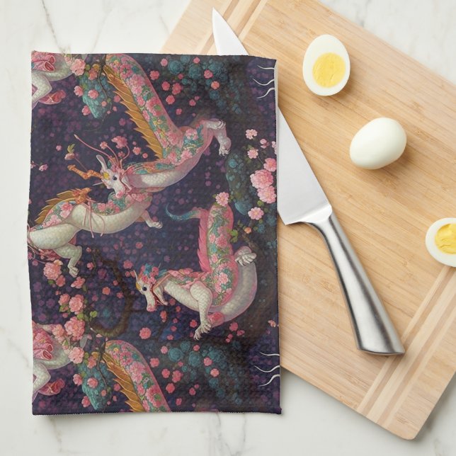 Paño De Cocina Dragones florales caprichosos (Doblado Cuarto)