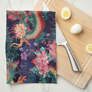 Paño De Cocina Dragones y flores de neón