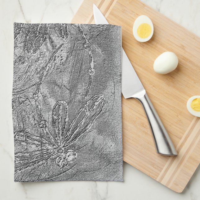 Paño De Cocina Dragonflies Grabado en relieve metálico plateado (Doblado Cuarto)