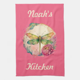 Paño De Cocina Dragonfly floral elegante con nombre personalizado