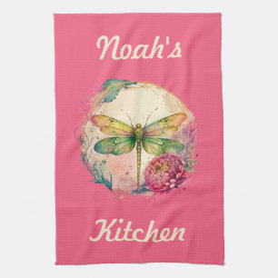 Paño De Cocina Dragonfly floral elegante con nombre personalizado