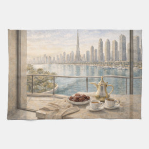 Paño De Cocina Dubai Kitchen Acuarela con Burj Khalifa por la Mañ