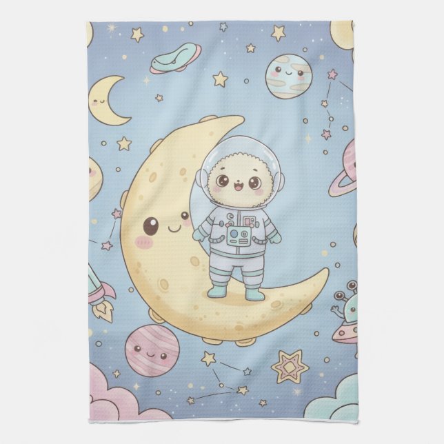 Paño De Cocina Dulce Kawaii Espacio - Astronauta y Luna Sonriente (Vertical)