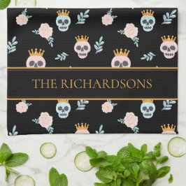 Paño De Cocina Dulce Patrón Botánico de Calavera Rosa Negra Hallo