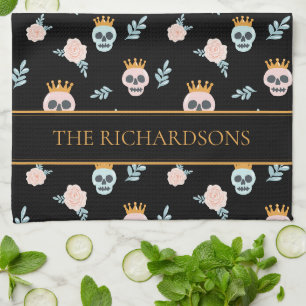 Paño De Cocina Dulce Patrón Botánico de Calavera Rosa Negra Hallo