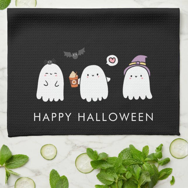 Paño De Cocina Dulces Fantasmas de Halloween Negros (Doblado)