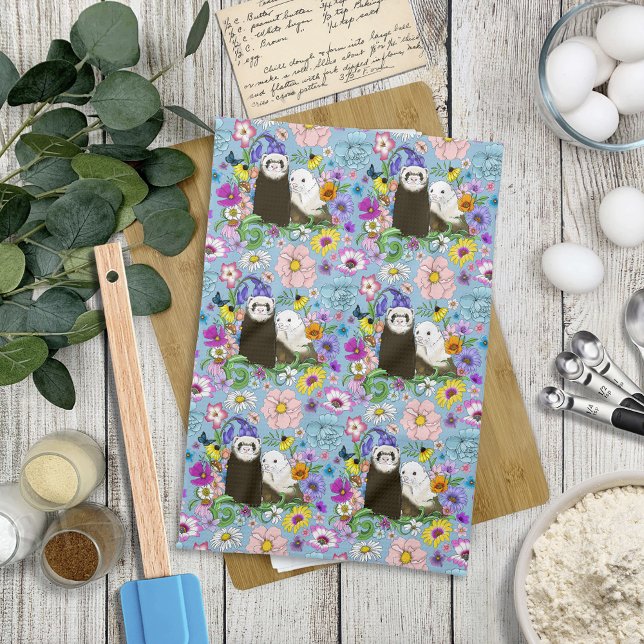 Paño De Cocina Dulces Ferrets Azules Caprichosos con Flores Parej (Subido por el creador)
