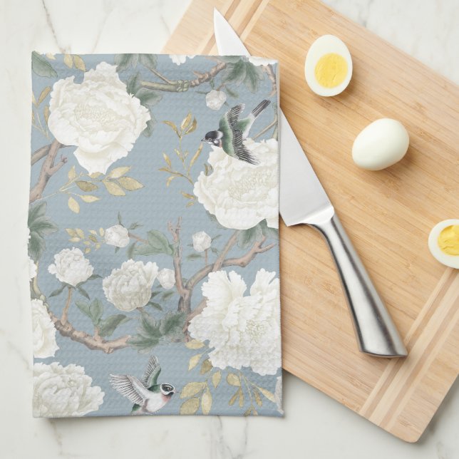 Paño De Cocina Dusty Blue White Chinoiserie Porcelana floral (Doblado Cuarto)