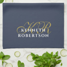Paño De Cocina Dusty Navy Blue Monogram Minimalist Gold White Men