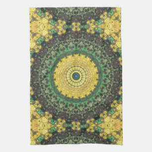 Paño De Cocina Earthy Green y Yellow Mandala Kaleidoscope