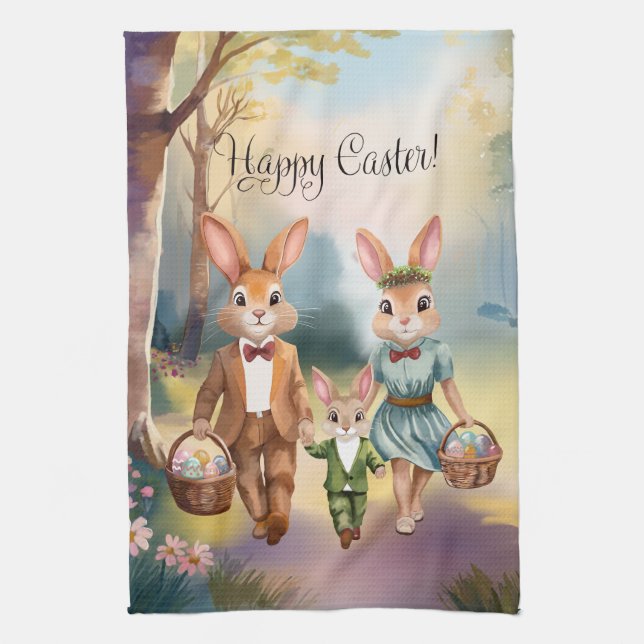 Paño De Cocina Easter Bunny Family Chasing Eggs - Watercolor (Vertical)