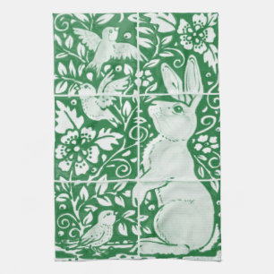 Paño De Cocina Easter Emerald Green Rabbit Bird Floral Tile Art