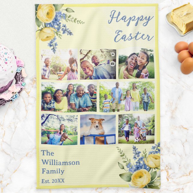 Paño De Cocina Easter Family Photo Collage Spring Flowers Yellow (A pretty yellow Easter kitchen towel with multi photo collage, custom family name and Spring flowers)