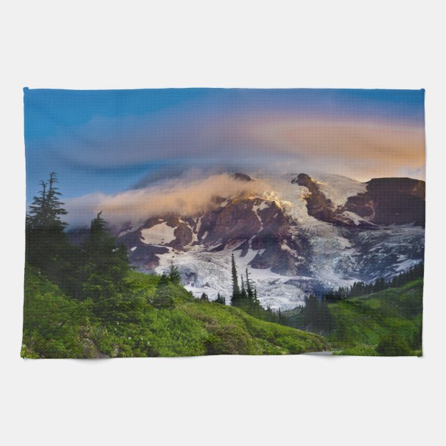 Paño De Cocina EE. UU., Washington, Monte Rainier. Sol de la maña (Horizontal)