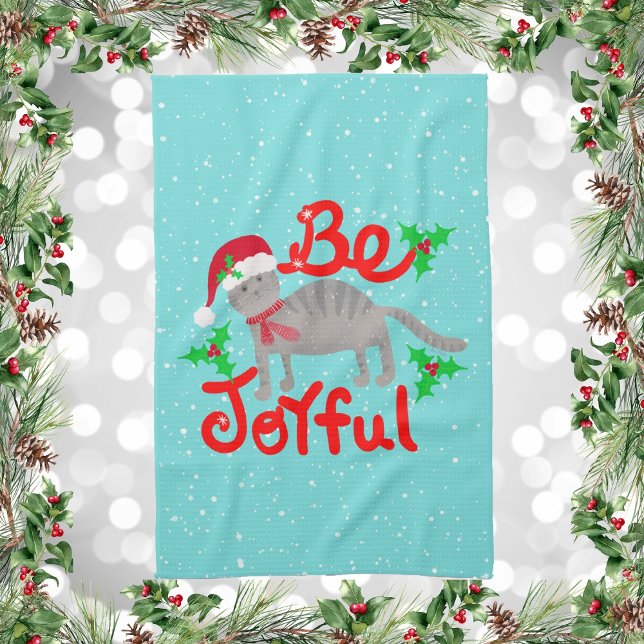 Paño De Cocina El alegre diseño de Santa Cat Holly Sea alegre (Be Joyful Santa Cat and Holly Berries Kitchen Towel)