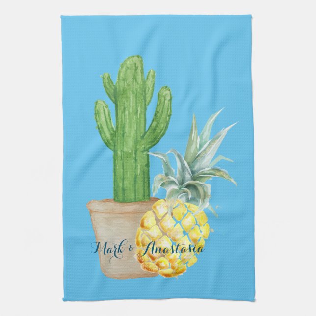 Paño De Cocina El amor moderno piña azul y cactus (Vertical)