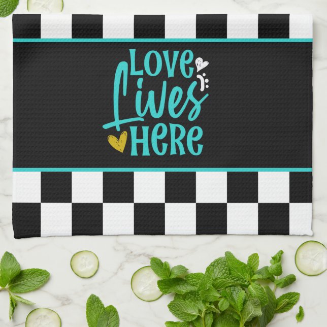 Paño De Cocina El amor vive aquí el negro y el blanco controlados (Doblado)