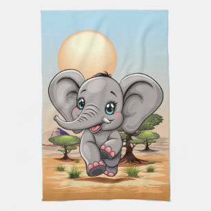 Paño De Cocina El bebé elefante salta feliz en la sabana africana