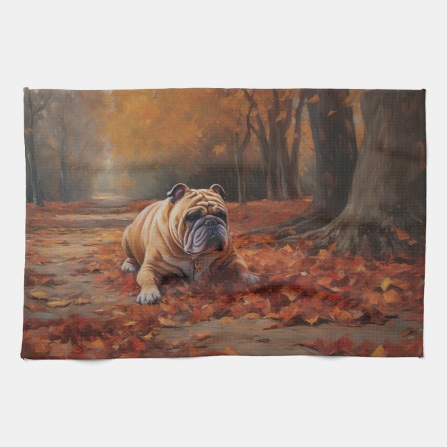 Paño De Cocina El bulldog en otoño se inspira en las hojas (Horizontal)
