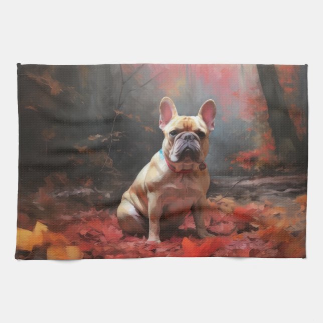 Paño De Cocina El Bulldog francés en otoño se inspira en la caída (Horizontal)