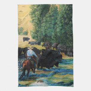Paño De Cocina El caballo del rancho, manada de ganado de Angus