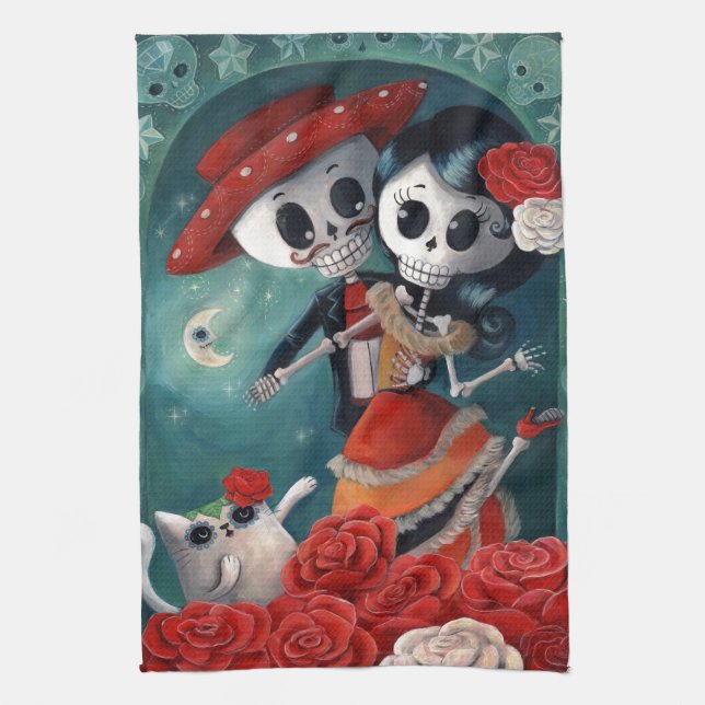 Paño De Cocina El día de los amantes esqueléticos muertos (Vertical)