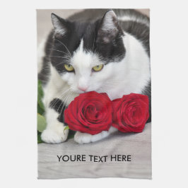 Paño De Cocina El gato lindo con la rosa roja