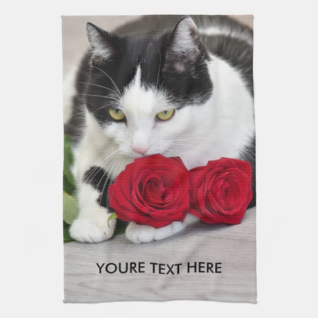 Paño De Cocina El gato lindo con la rosa roja (Vertical)