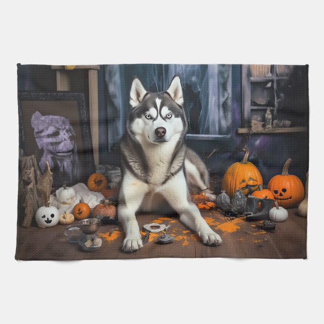 Paño De Cocina El Husky Siberiano Calabaza Halloween Scary (Horizontal)