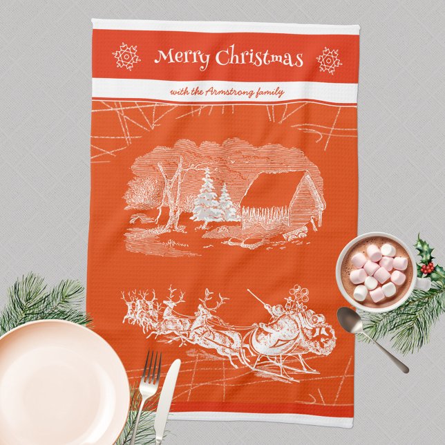 Paño De Cocina El Naranja festivo Santa Claus moderno (Merry Christmas 🎅🏻 Santa Sleigh Reindeers Orange Kitchen Towel ©Susanne Sachers - Sunny Mind Desig)
