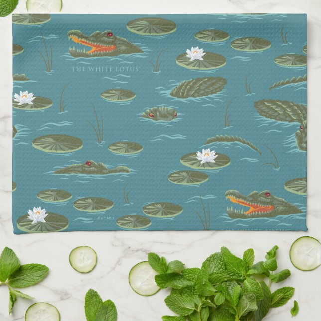 Paño De Cocina El patrón de agua del lagarto blanco Lotus (Doblado)
