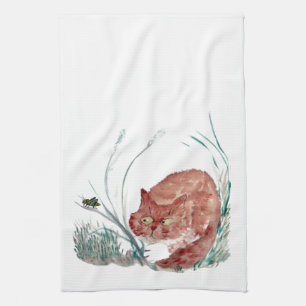 Paño De Cocina El saltamontes toma el pelo el gatito, Sumi-e